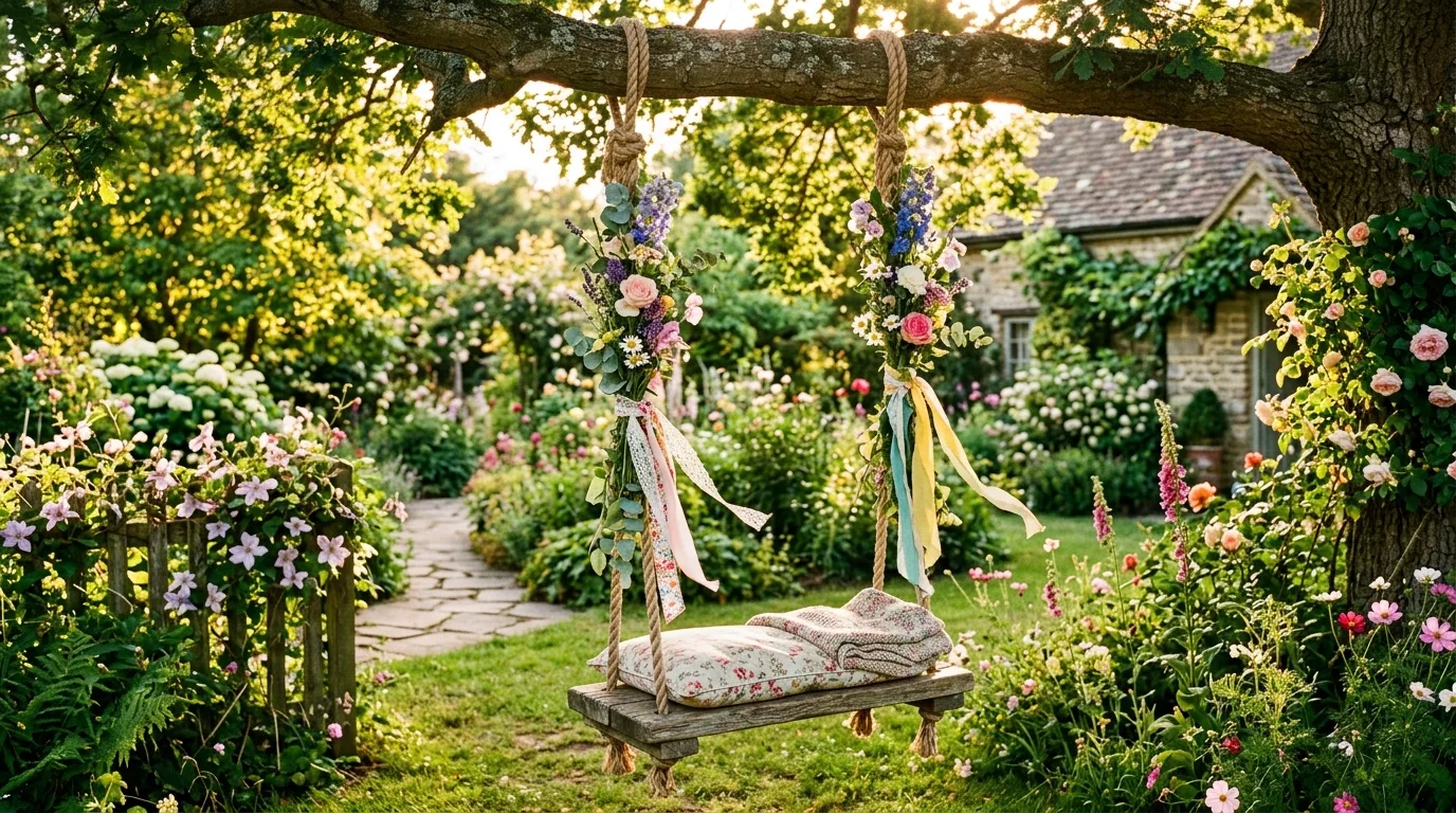 Backyard garden with a homemade swing decorated with flowers and ribbons.