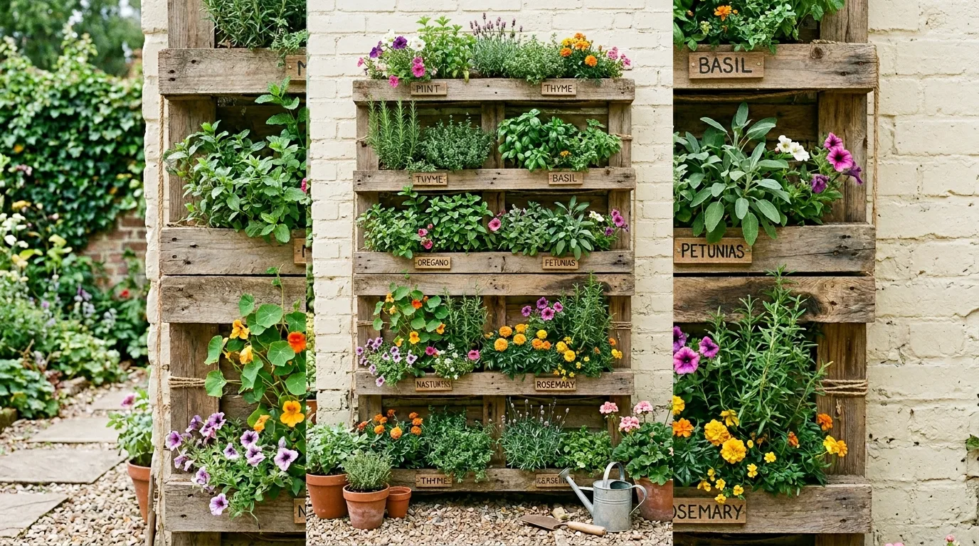 Whimsical vertical garden made from recycled pallets filled with herbs and flowers.