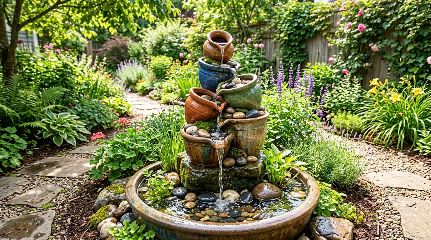 Playful garden fountain built from stacked ceramic pots.