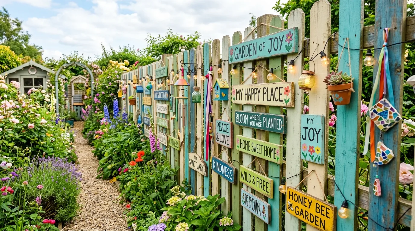 DIY garden fence decorated with hand-painted signs, fairy lights, and hanging ornaments.