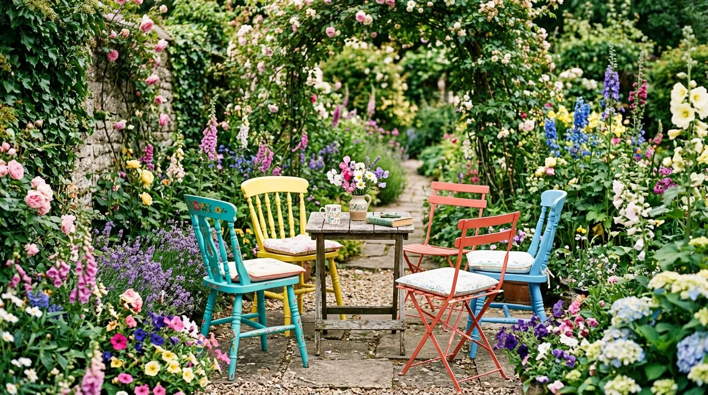 Whimsical garden seating area with mismatched brightly painted chairs.