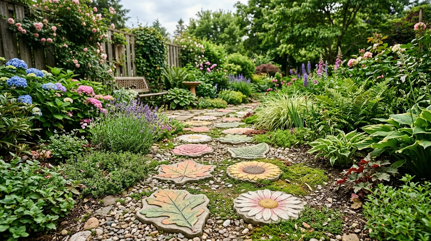 Backyard path made of decorated stepping stones shaped like leaves and flowers.