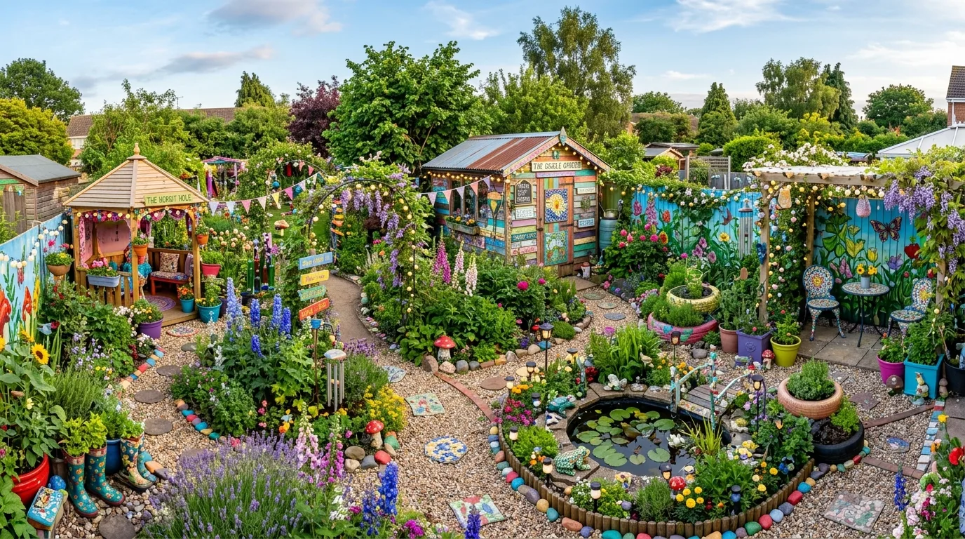 Fully whimsical DIY garden filled with colorful handmade decor, fairy lights, and playful structures.