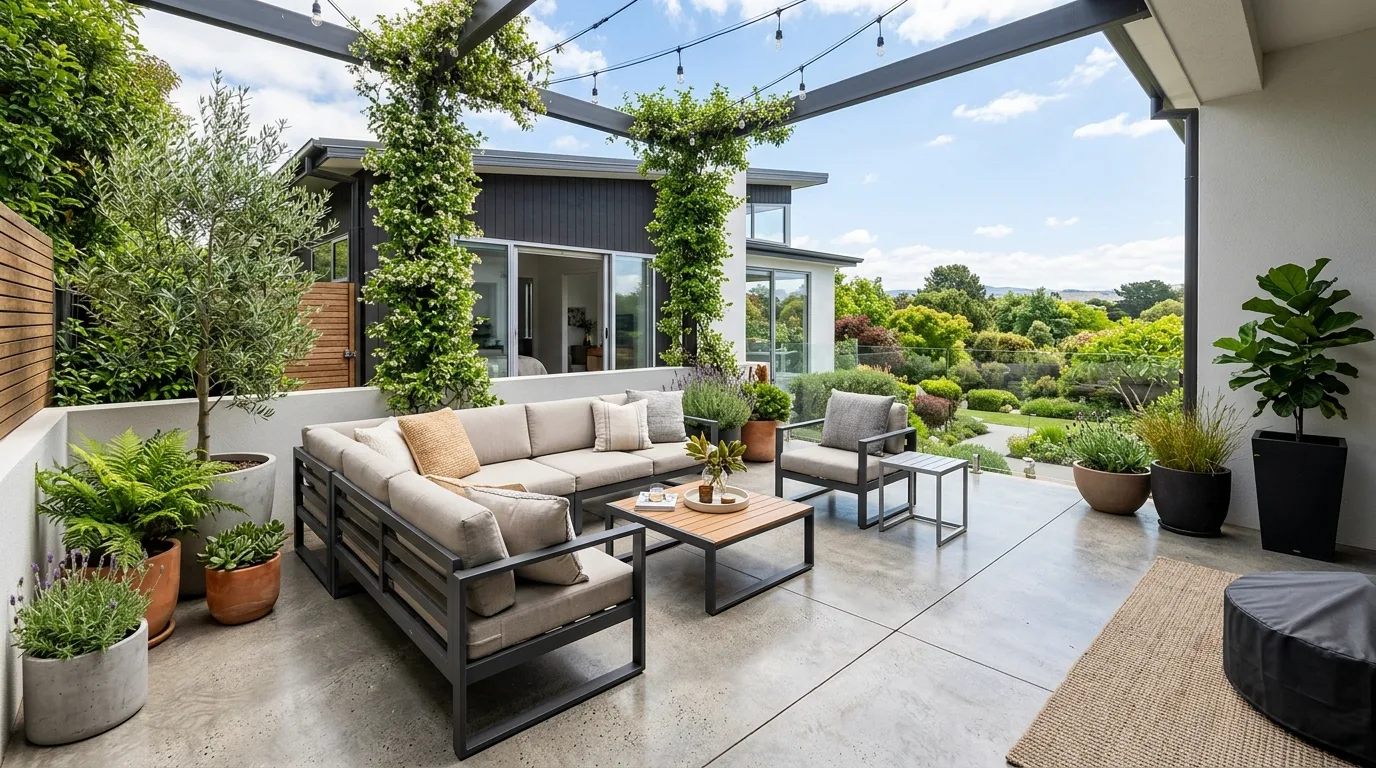 Modern patio with sleek furniture, potted plants, and daylight.
