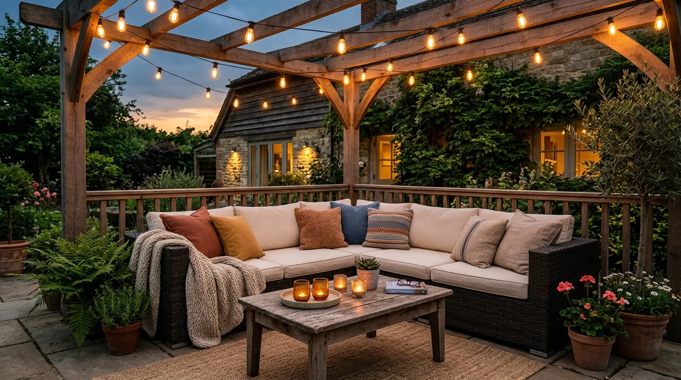 Cozy patio with sectional sofa, string lights, and warm evening lighting.
