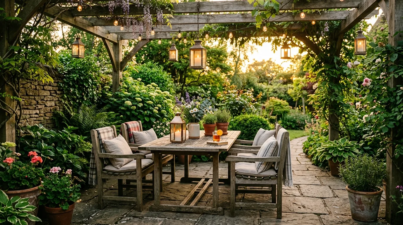 Rustic patio with wooden furniture and stone flooring.