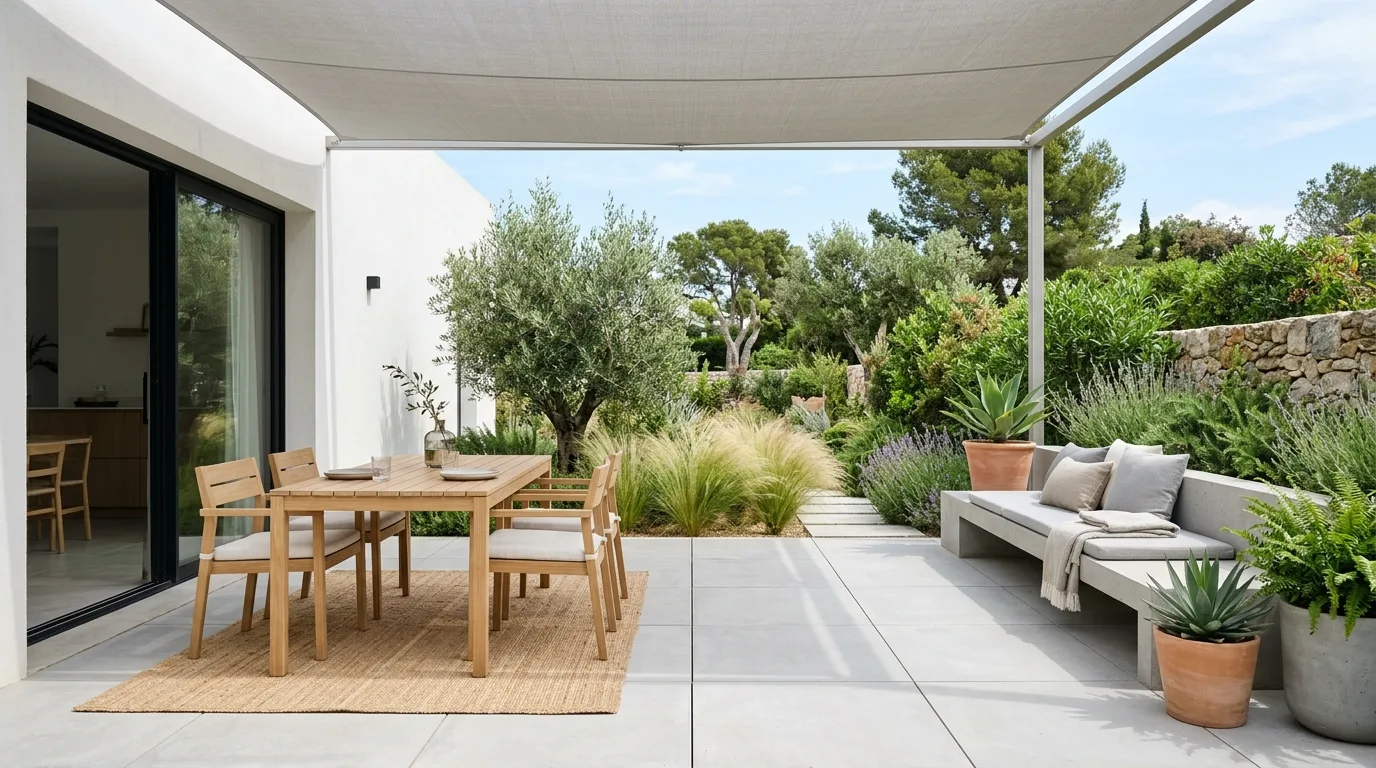 Minimalist patio with light furniture and simple decor.