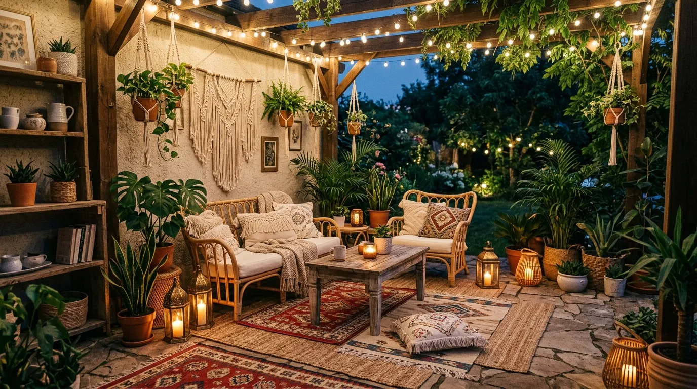Boho patio with woven chairs, layered rugs, and plants.