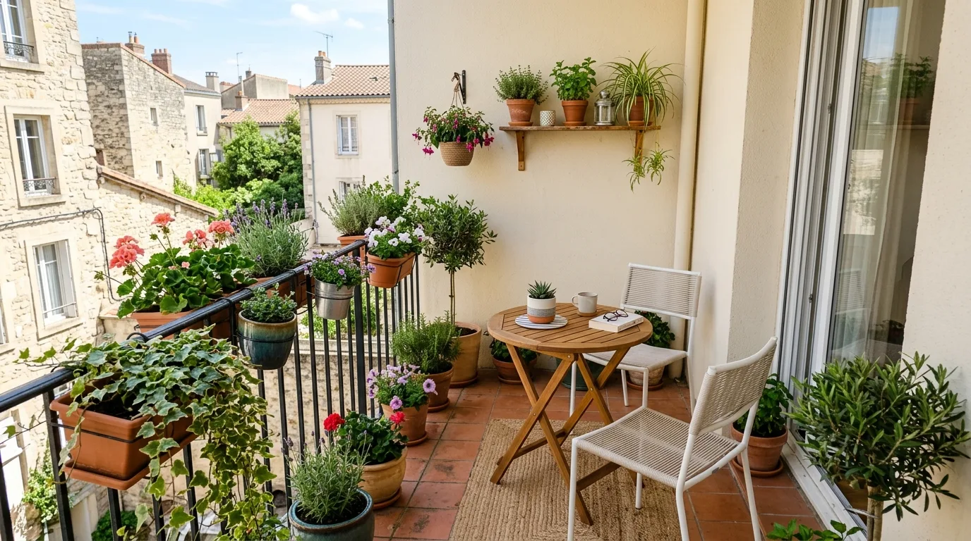 Small balcony patio with compact seating and potted plants.
