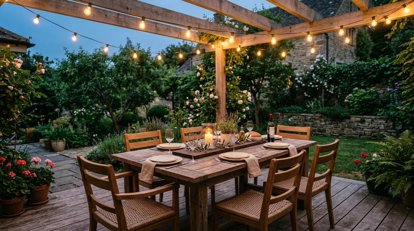 Patio dining area with wooden table and string lights.
