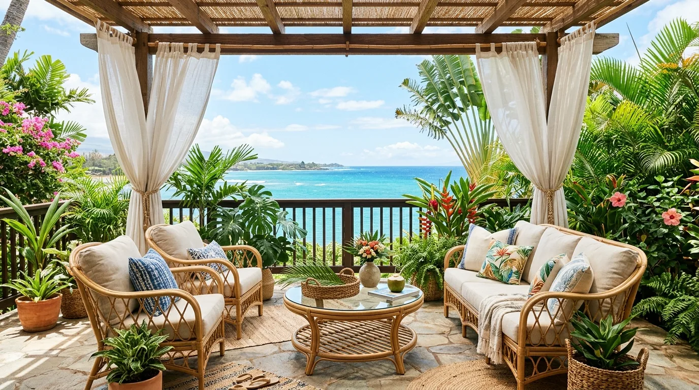 Tropical patio with rattan furniture and lush green plants.