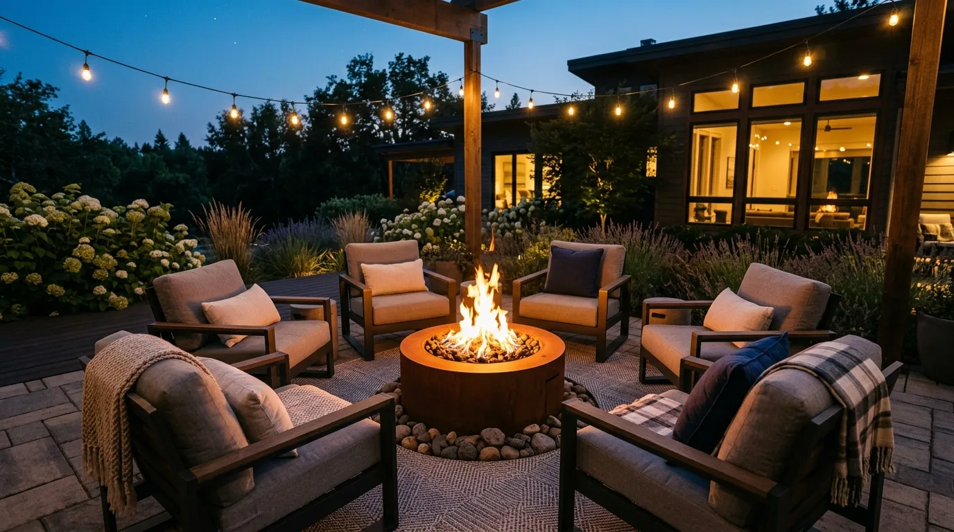 Modern patio with fire pit surrounded by chairs.