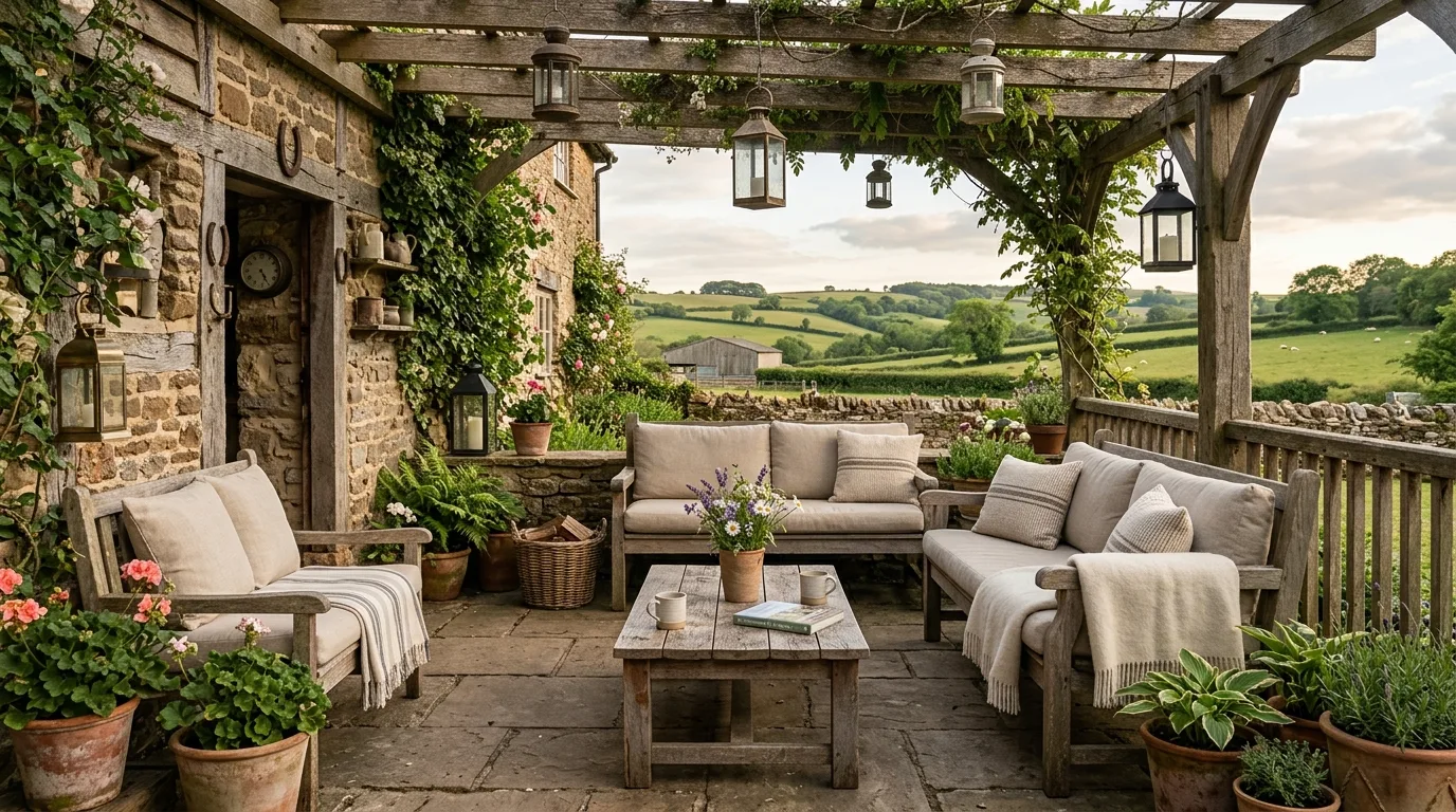 Farmhouse patio with wooden benches and rustic decor.
