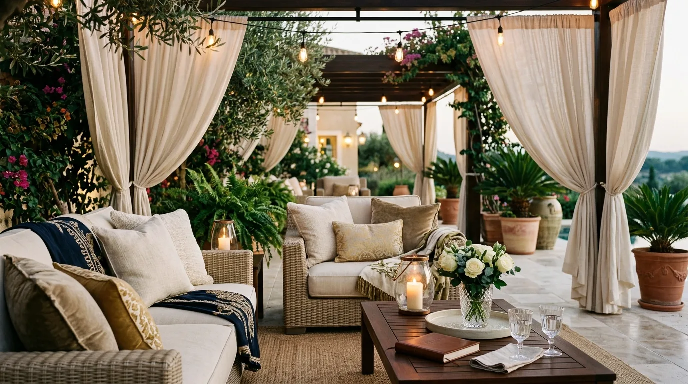 Luxury patio with plush seating and outdoor curtains.