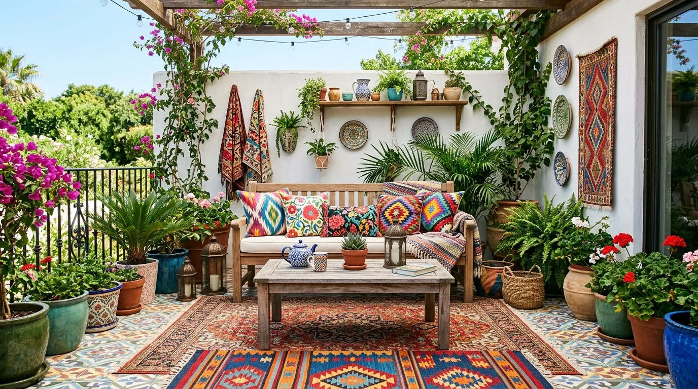 Colorful patio with patterned rugs and vibrant cushions.