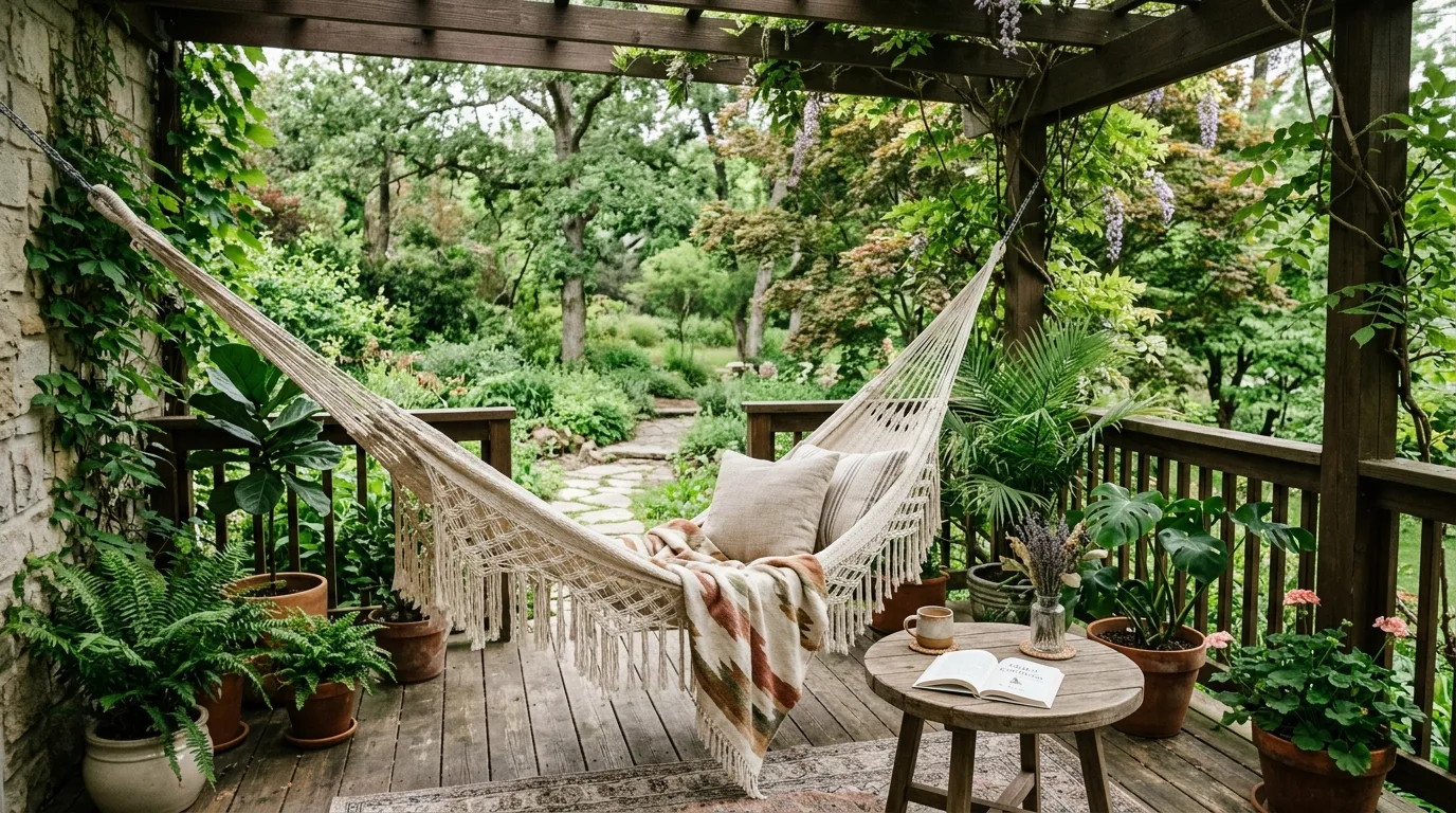 Patio lounge with hammock, side table, and plants.