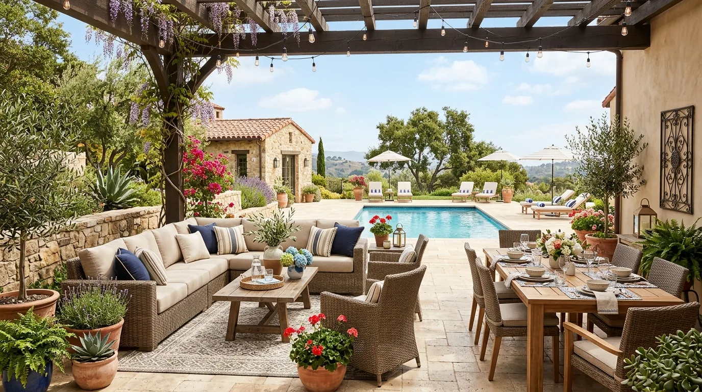 Fully styled outdoor patio with coordinated furniture and decor.