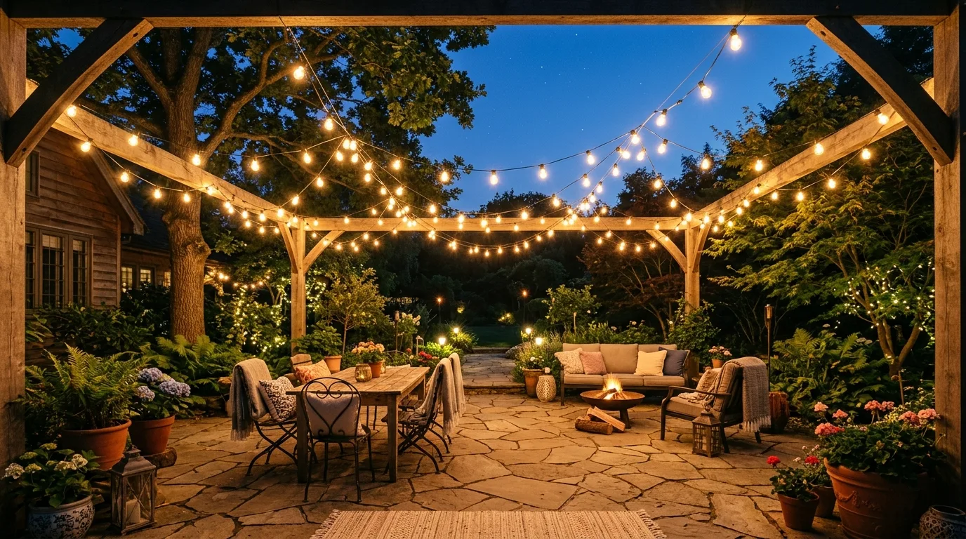 Backyard with string lights draped overhead in zigzag patterns.