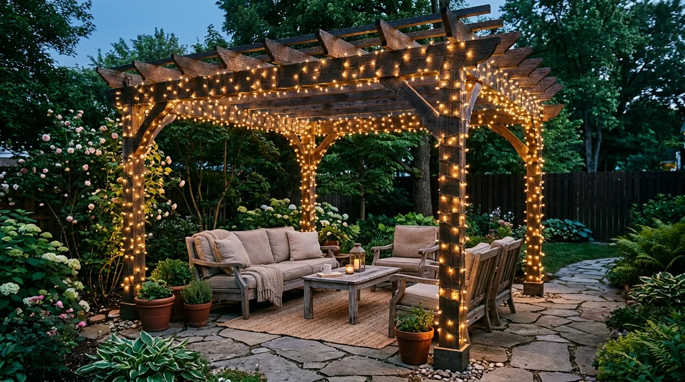 Pergola with string lights wrapped around beams and posts.