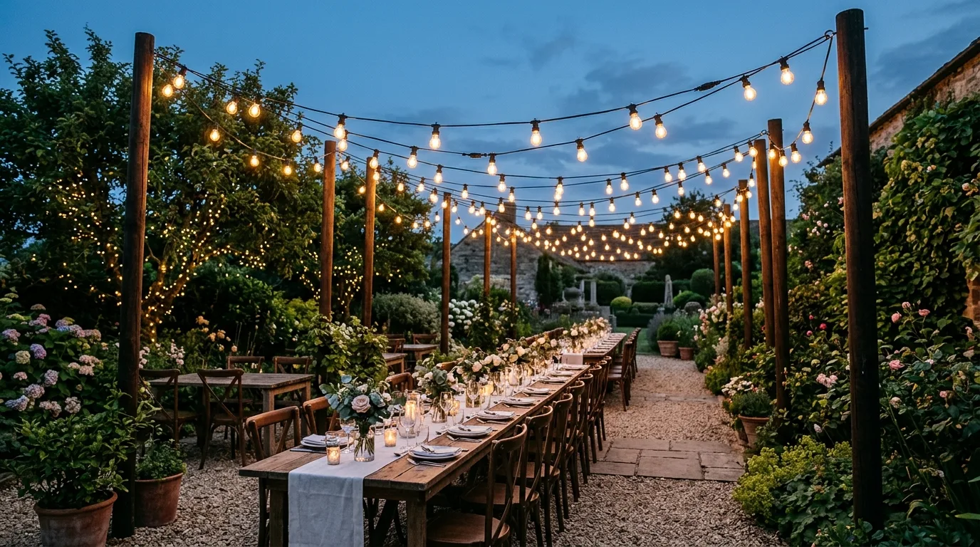 Garden dining area with string lights hung from tall poles overhead.
