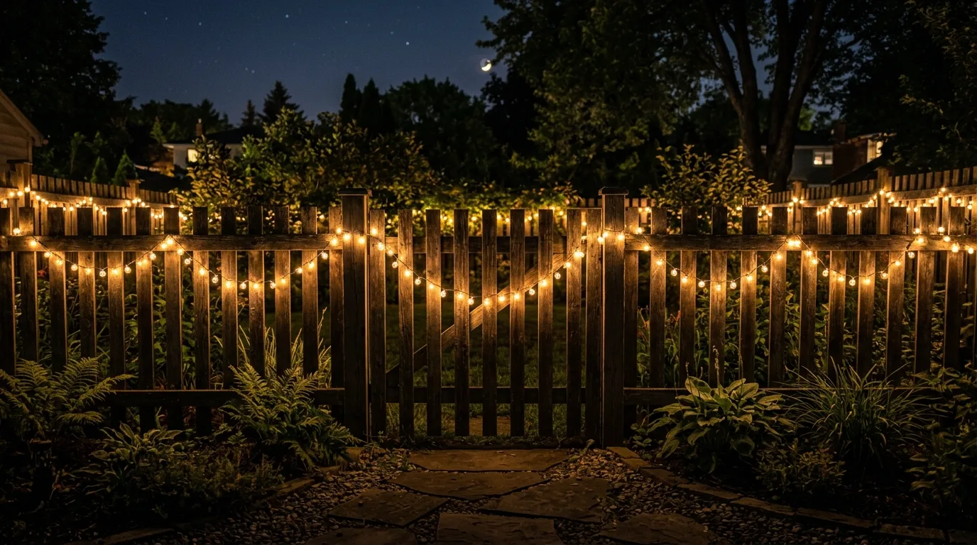 Wooden backyard fence lined with woven string lights.