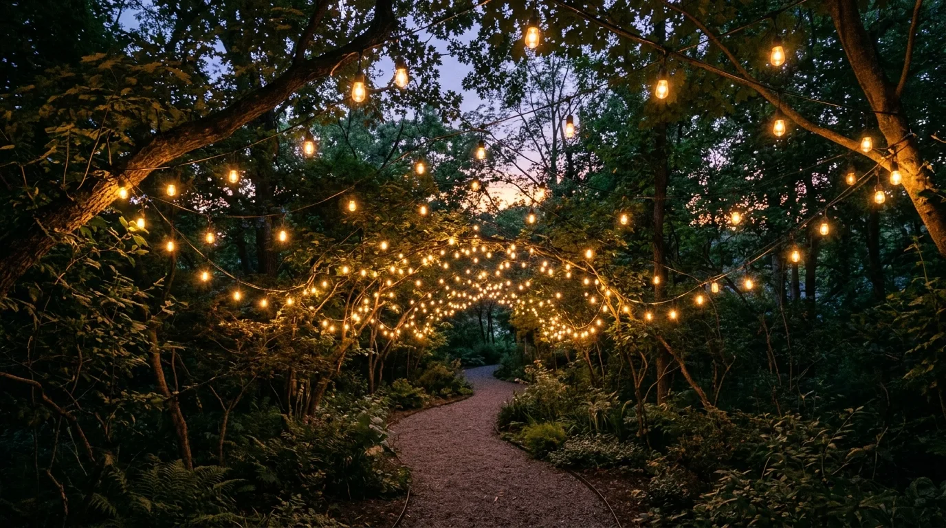 Tree-filled backyard with string lights hanging between branches.