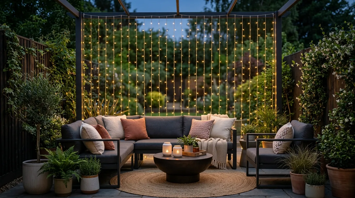 Patio seating area with string lights hanging vertically like a curtain.