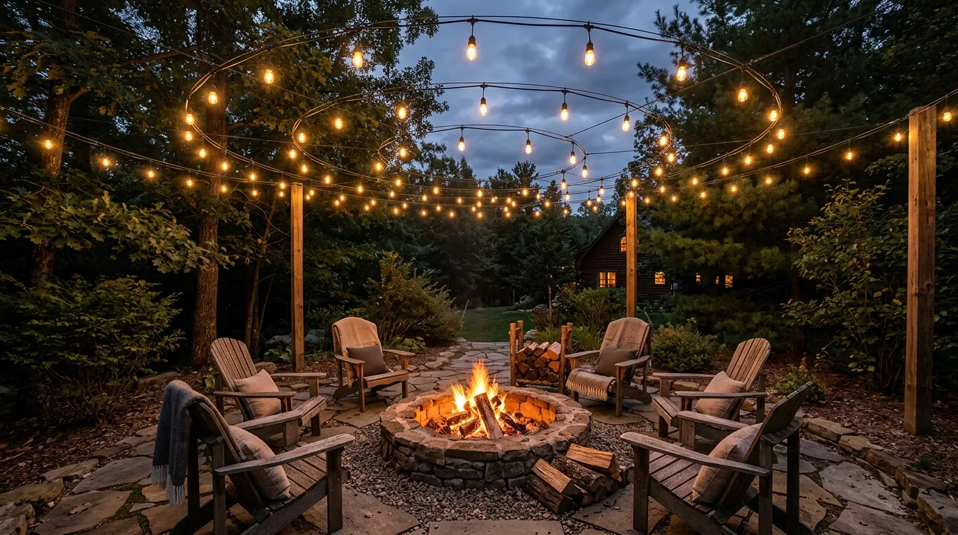 Fire pit area with string lights suspended in concentric circles overhead.