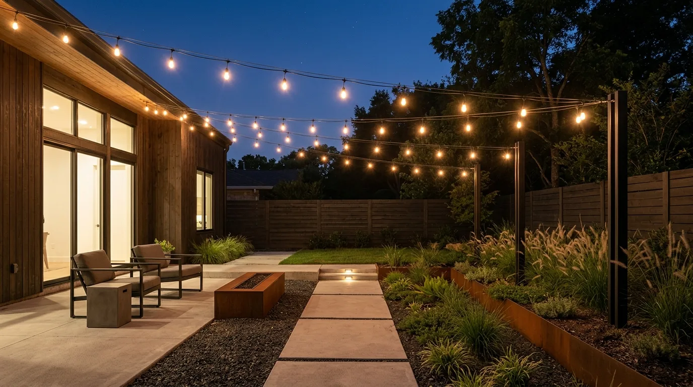 Minimalist backyard with string lights stretched diagonally between posts and house.