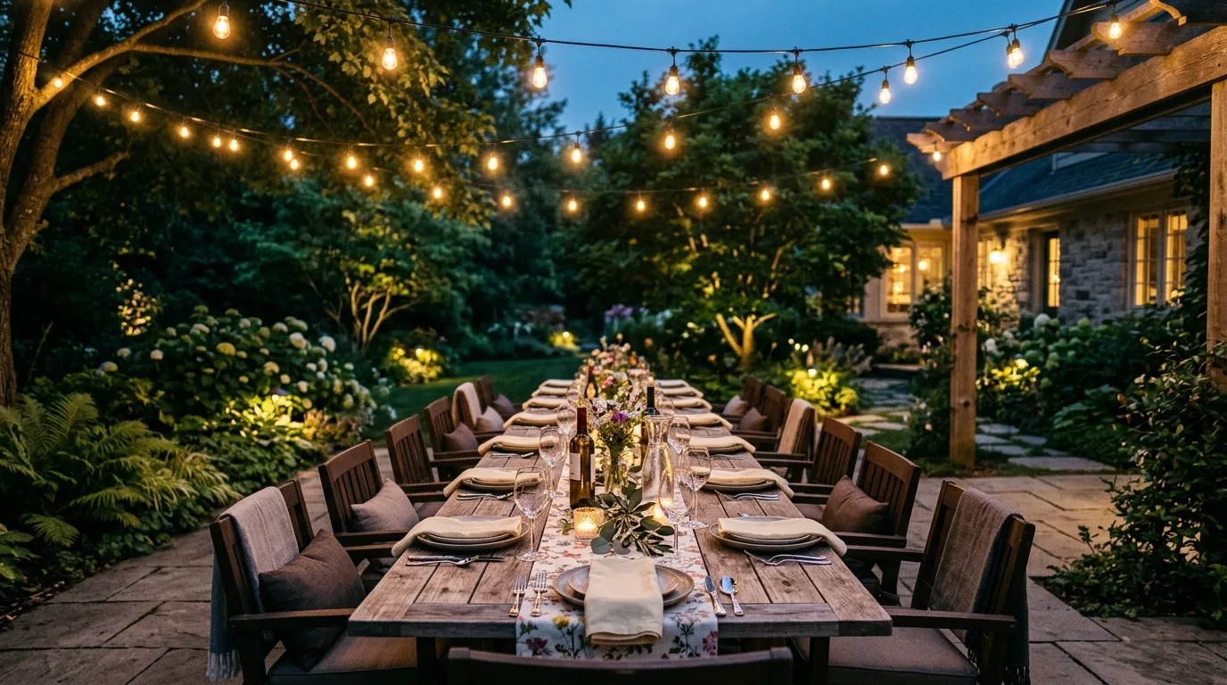 Backyard dining setup with string lights suspended over a long wooden table.