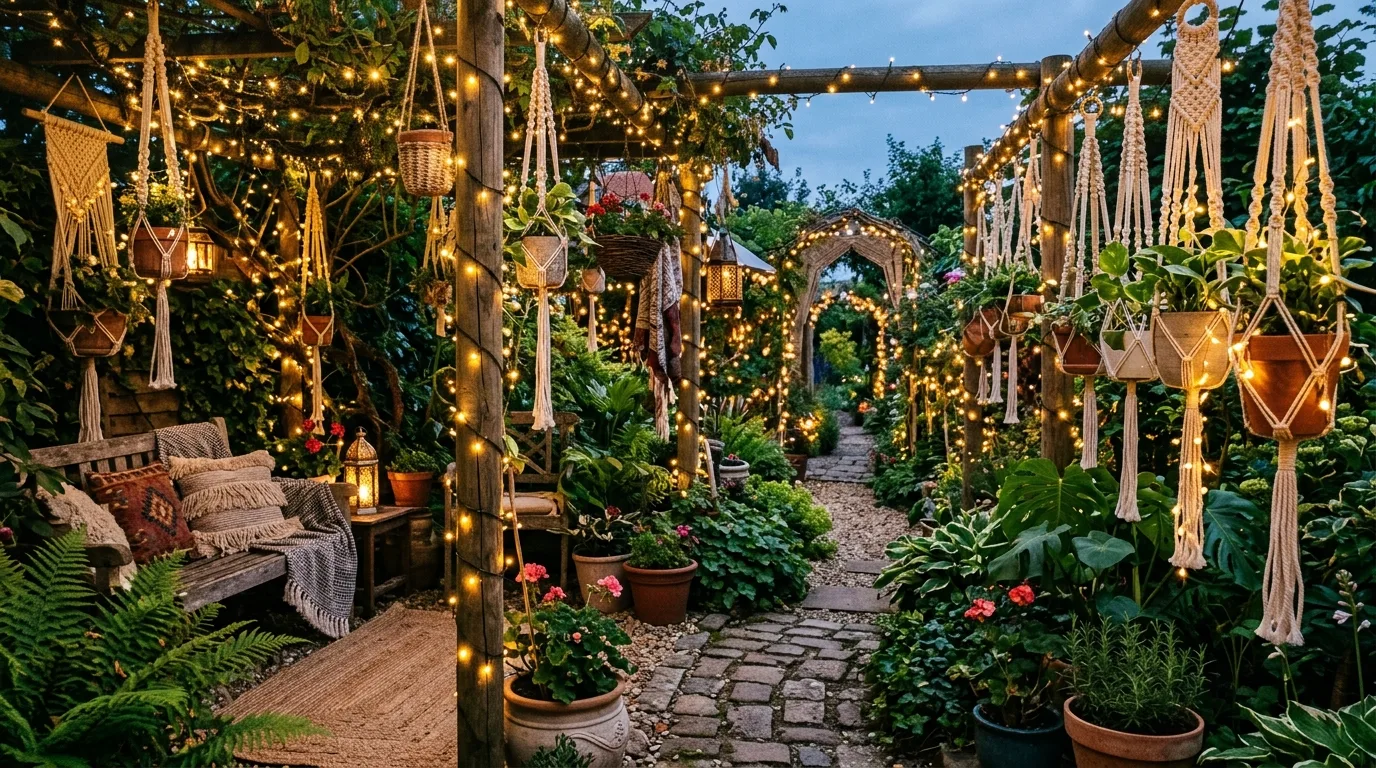 Boho backyard with string lights wrapped around macrame decor and poles.