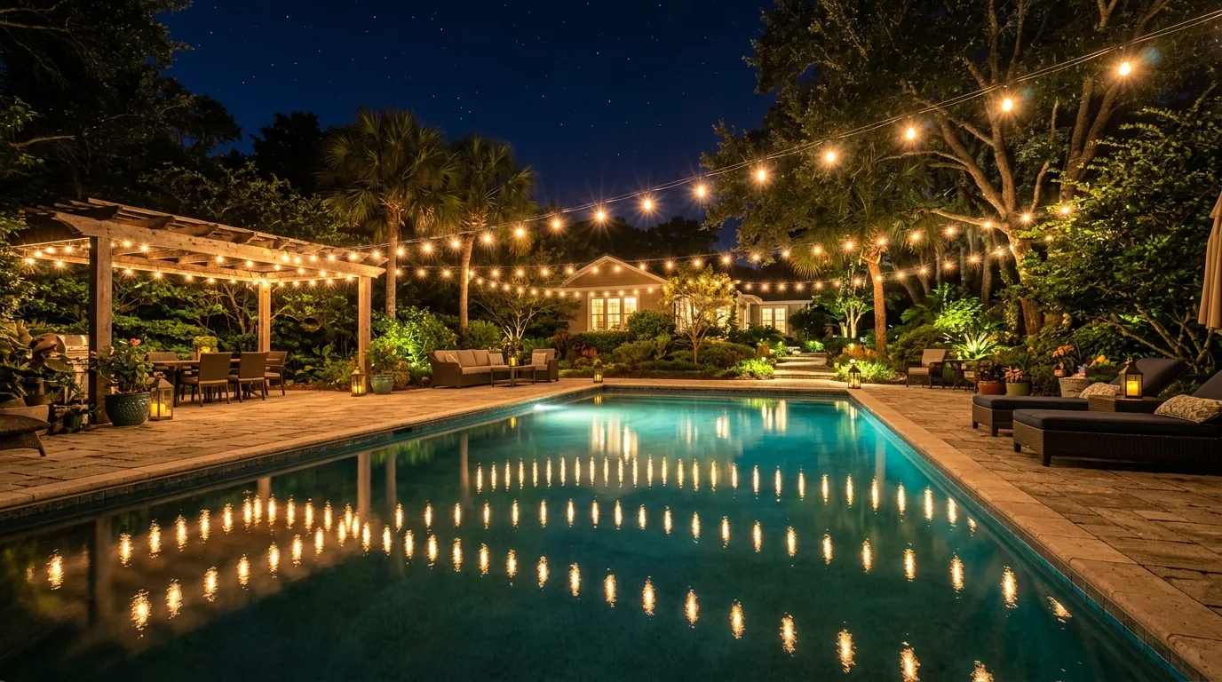 Poolside backyard with string lights reflecting across the water.