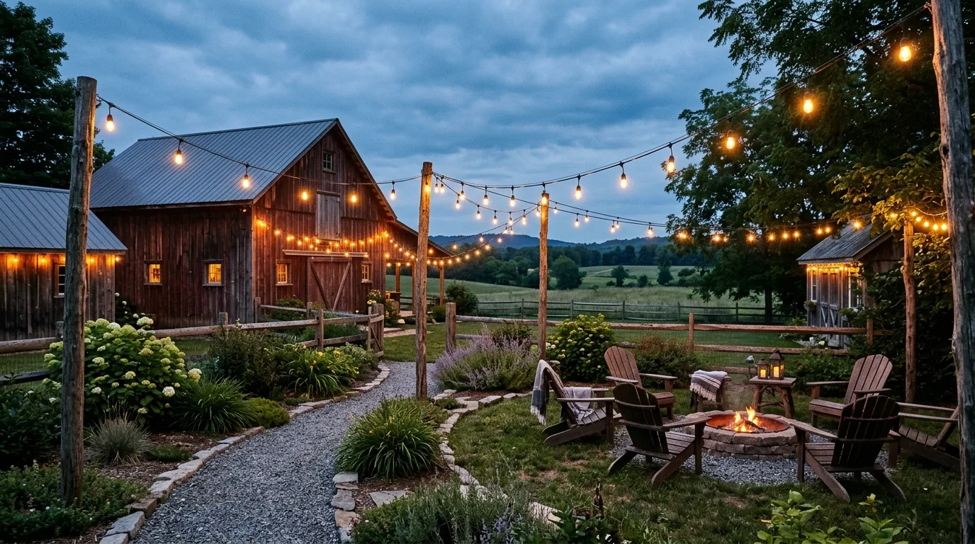 Rustic backyard with string lights draped from wooden posts and structures.