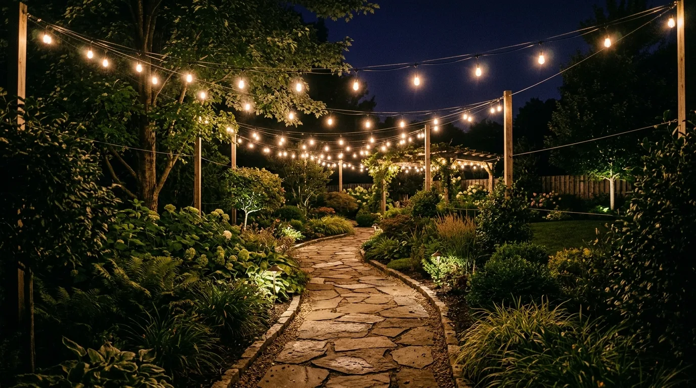 Backyard walkway lined with string lights overhead forming a glowing path.
