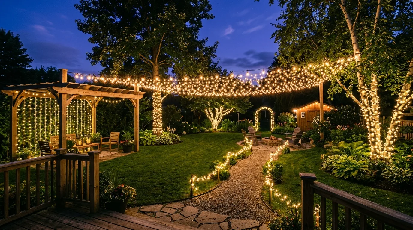 Fully illuminated backyard with multiple creative string light arrangements.