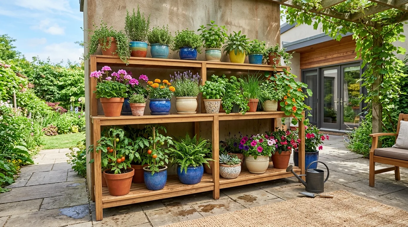 Patio container garden with ceramic pots of herbs and flowers on wooden shelves.