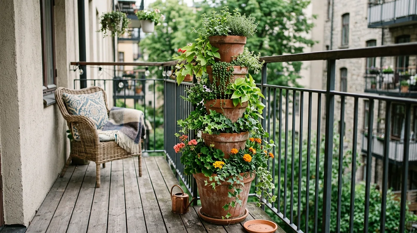 Small-space container garden using stacked terracotta pots and cascading greenery.