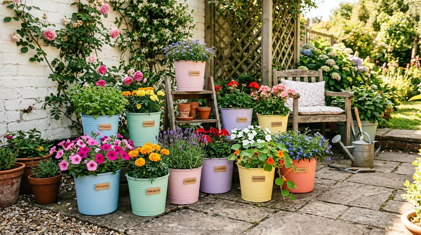 DIY container garden using painted repurposed buckets filled with flowers.