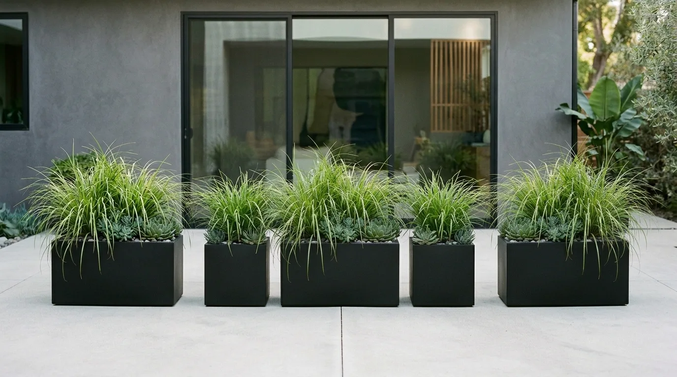 Minimalist container garden with black planters arranged symmetrically on a patio.