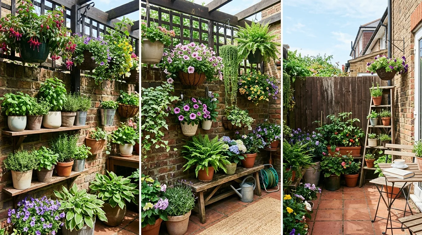 Vertical container garden with hanging pots and wall-mounted planters on a small patio.