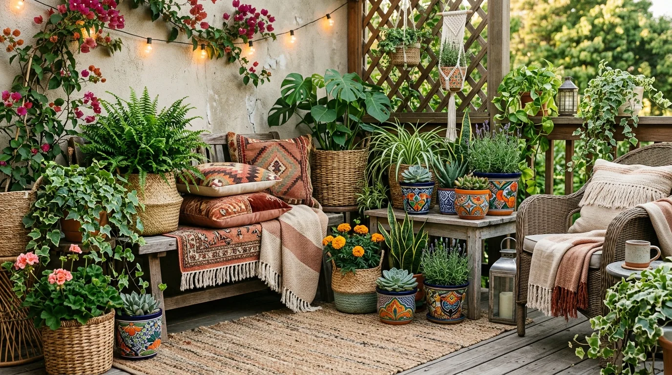 Boho-style patio container garden with woven baskets and colorful pots.