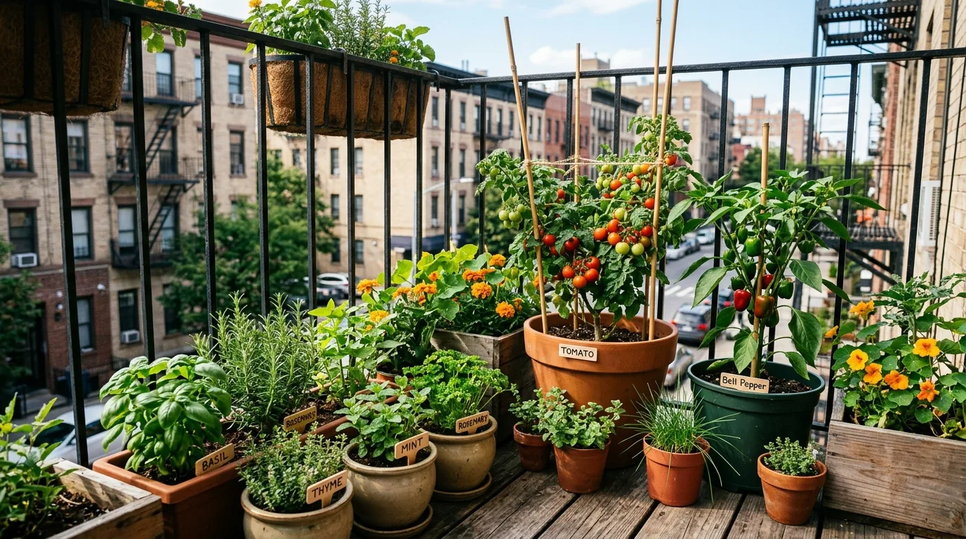 Small balcony container garden with herbs, tomatoes, and peppers.