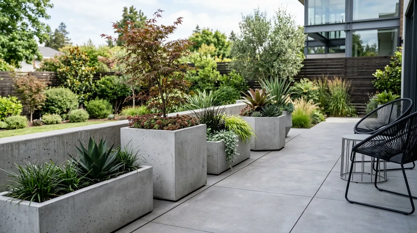 Modern container garden with geometric concrete planters along a patio edge.