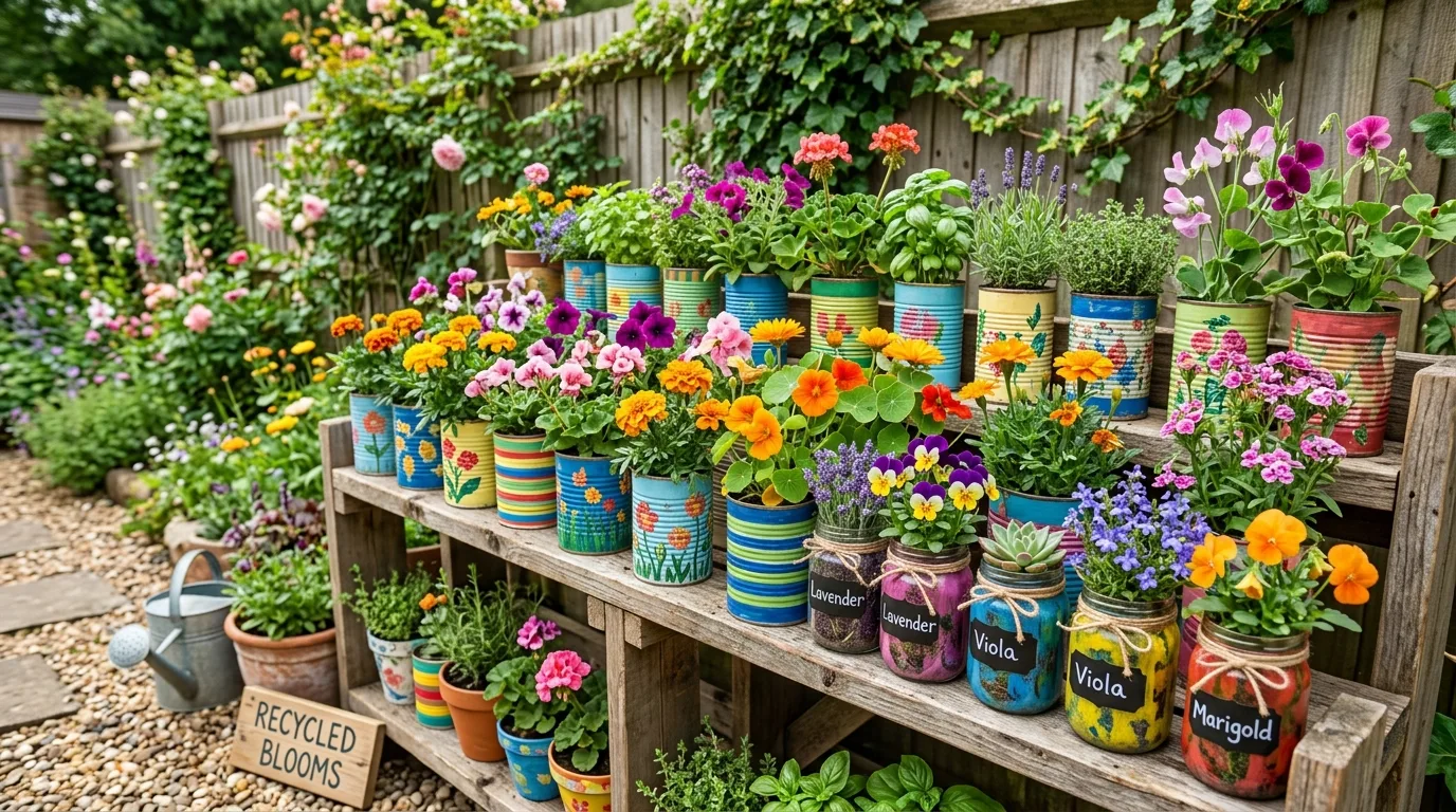DIY recycled container garden using painted tin cans and jars.