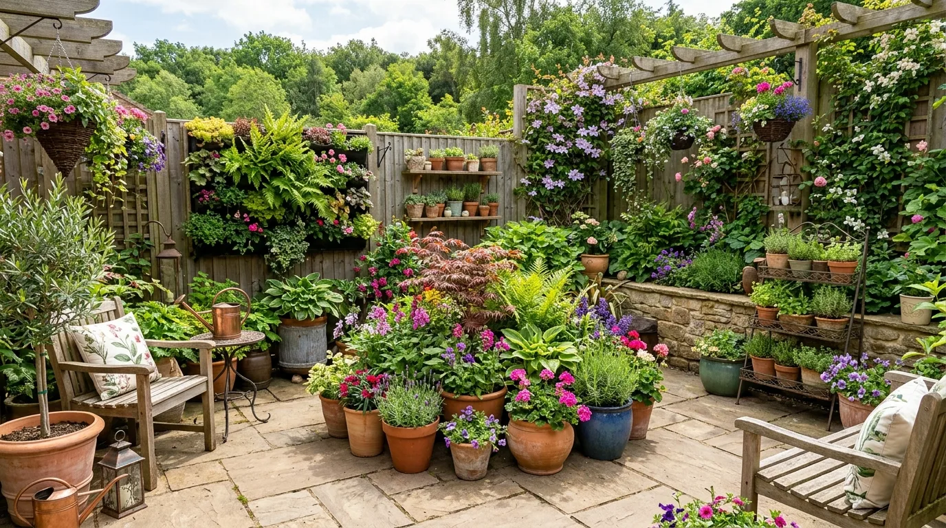 Fully styled patio container garden with multiple pots and vertical planting systems.