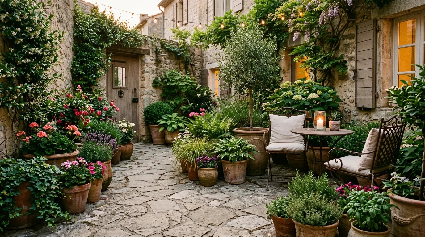 Small courtyard container garden with mixed-height pots and cozy seating corner.