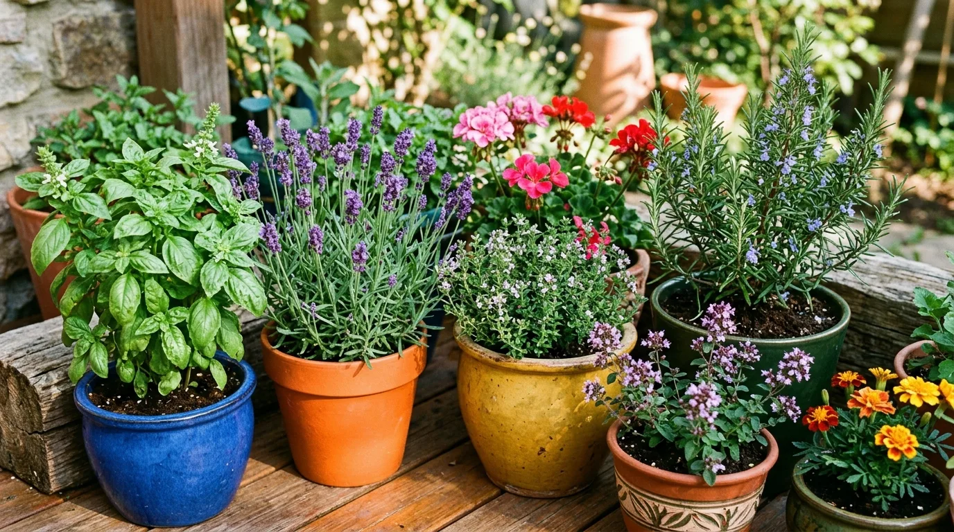 Colorful herbs and flowering plants growing in containers on a sunlit patio.