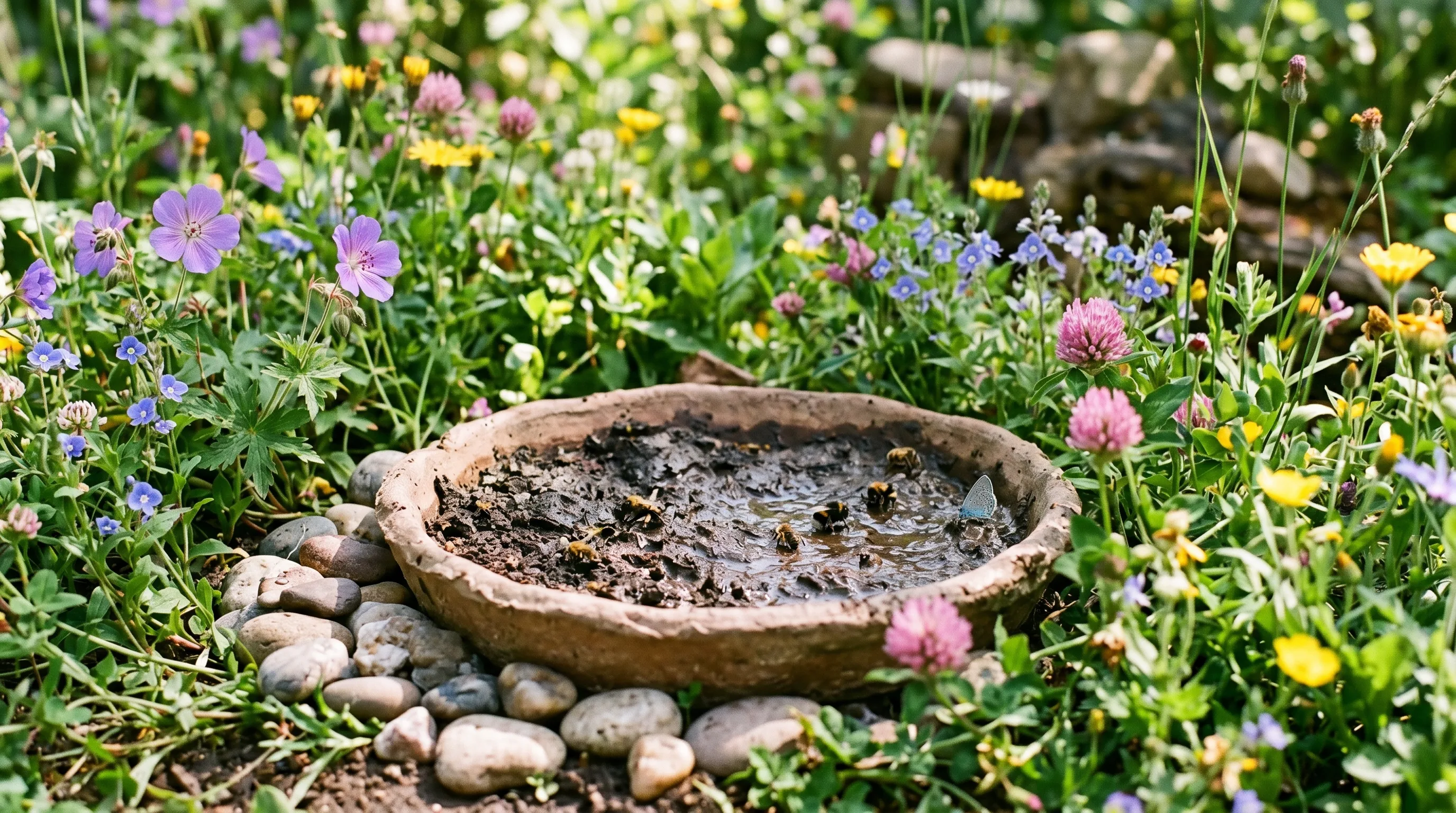 Small pollinator mud pit in a clay dish surrounded by wildflowers and stones.
