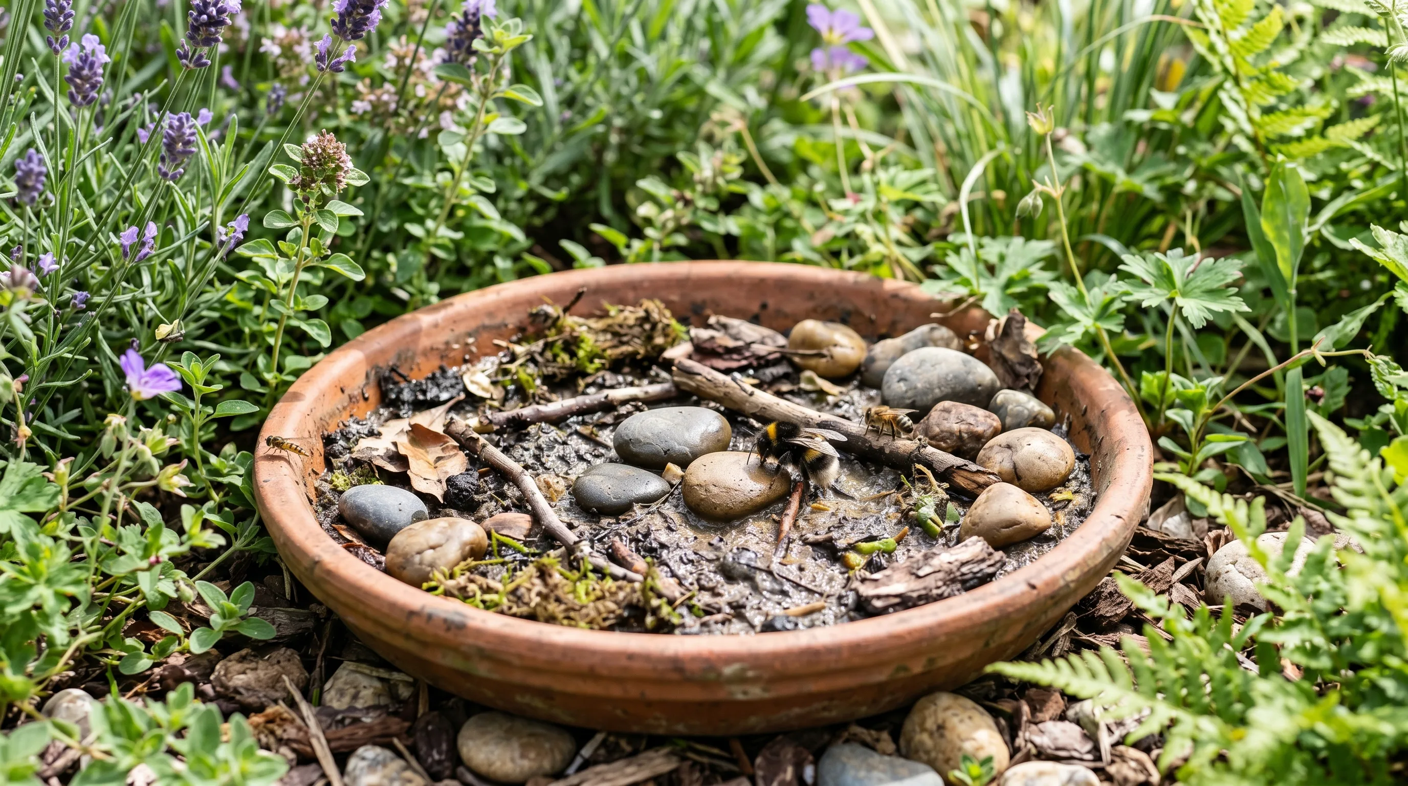 DIY pollinator mud station using a recycled terracotta pot base with damp soil and pebbles.