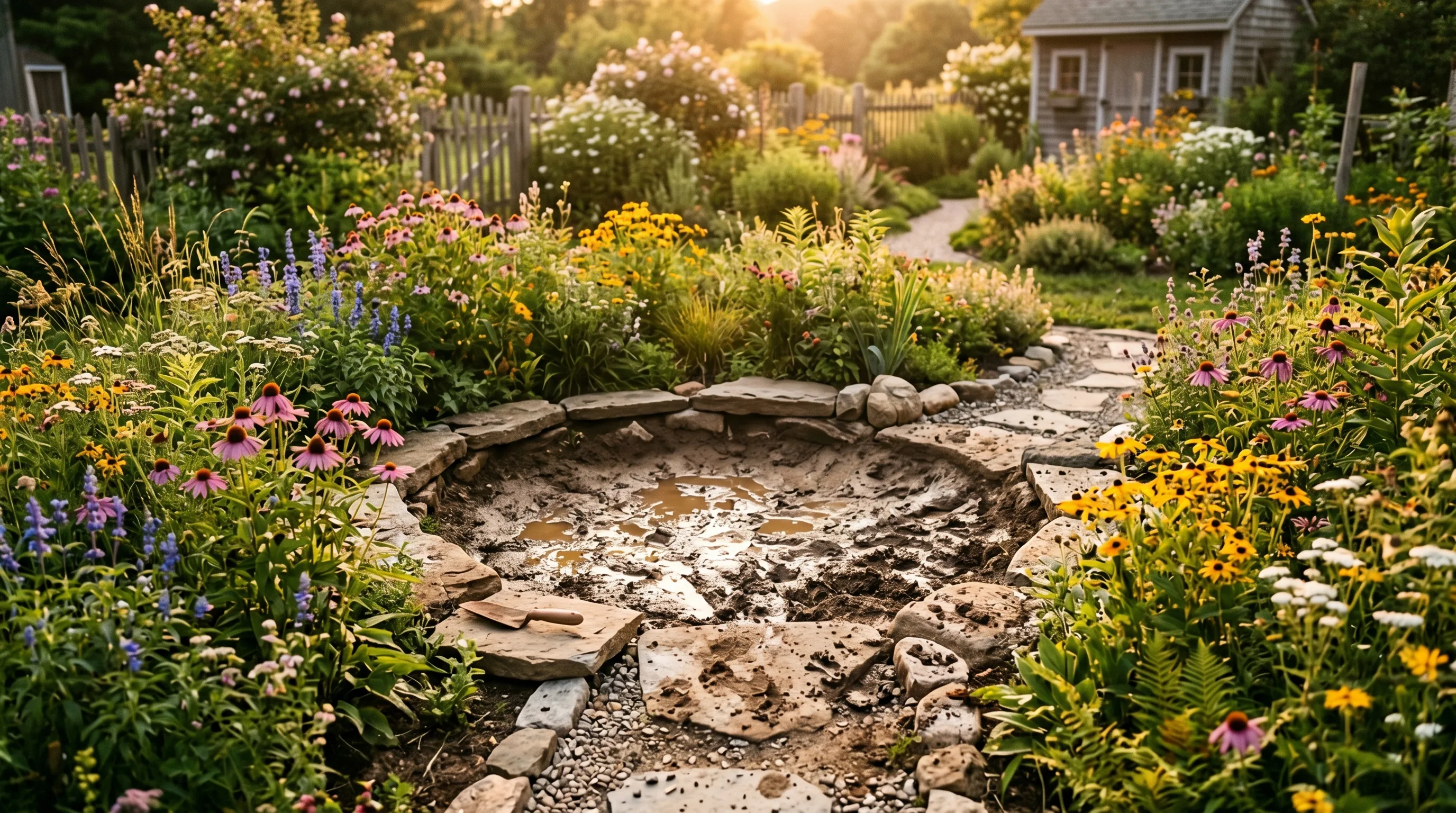 Rustic pollinator mud pit formed directly in the ground and bordered by stones.